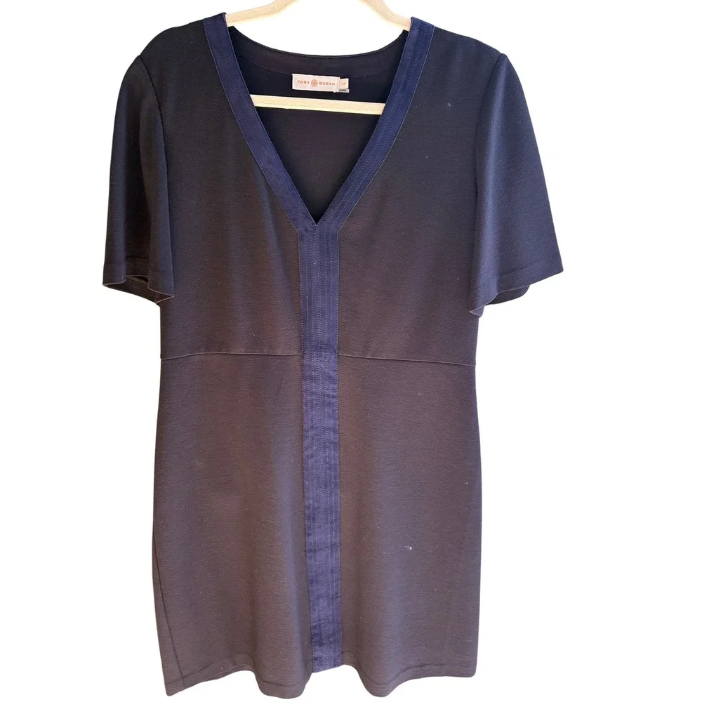 Tory Burch Navy Wool Blend V-Neck Shift Dress Suede Trim Classic Quiet Luxury L‎
